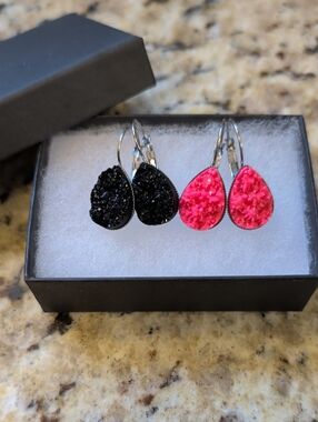 Druzy Style Teardrop Leverback Earrings - Black and Hot Pink